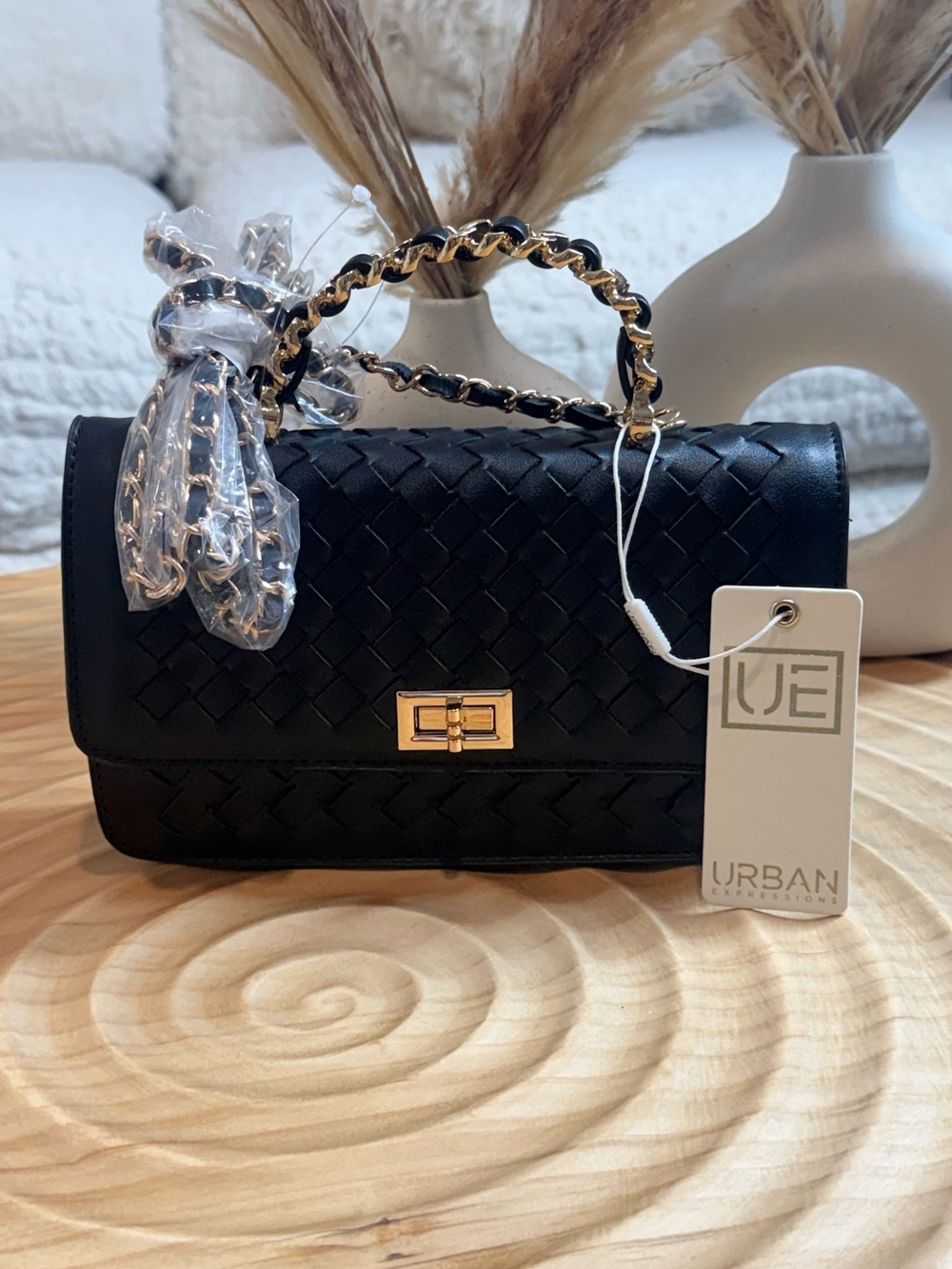 Urban Expressions Black Woven Chain-Handle Shoulder Bag